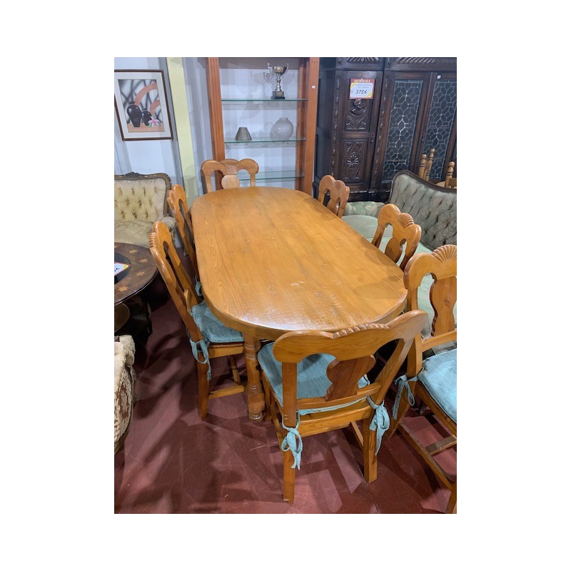 Mesa comedor pino macizo ovalada + 8 sillas