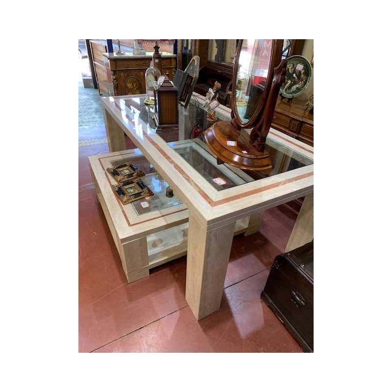 Mesa comedor marmol travertino y cristal