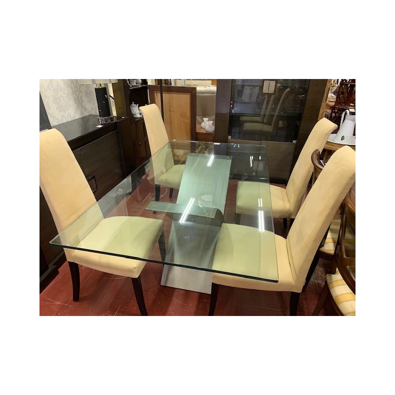 Mesa comedor tapa cristal + 4 sillas tapizadas
