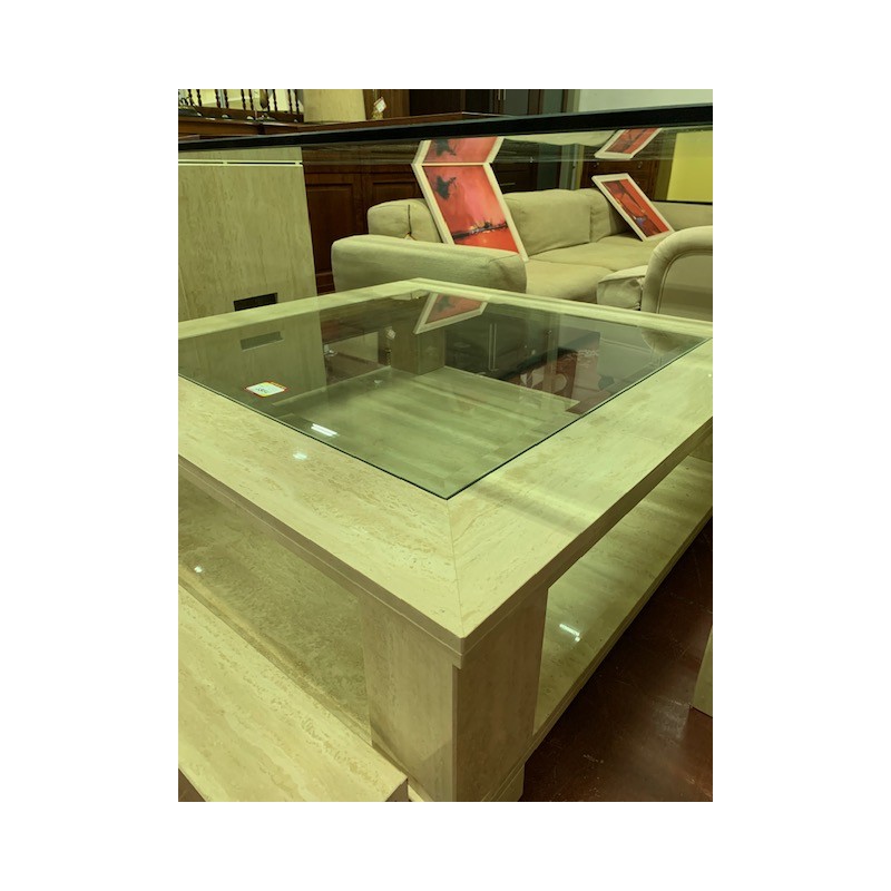 Mesa centro marmol travertino tapa cristal