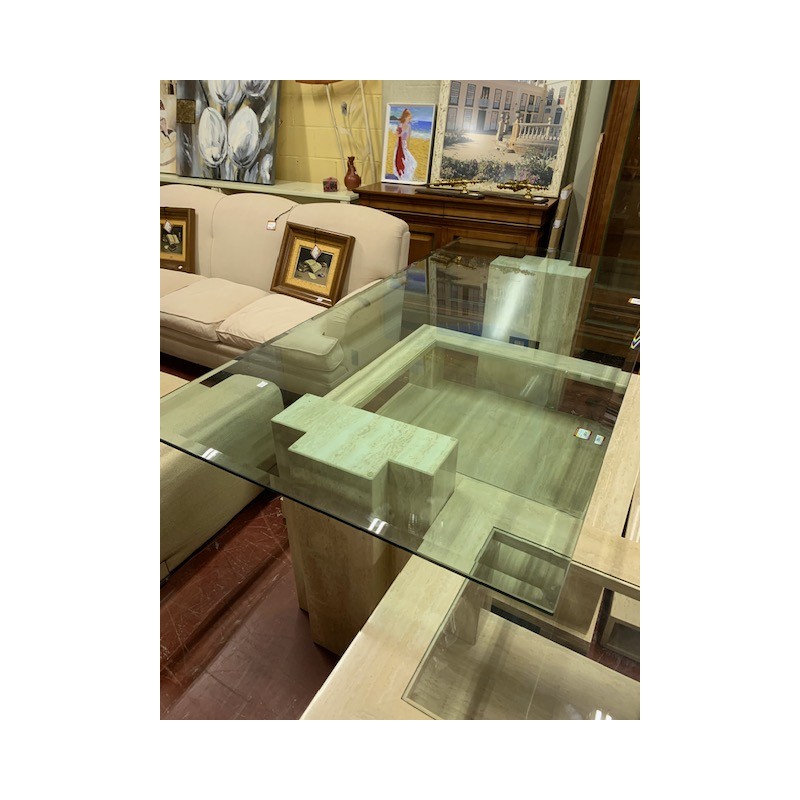 Mesa comedor marmol travertino tapa cristal