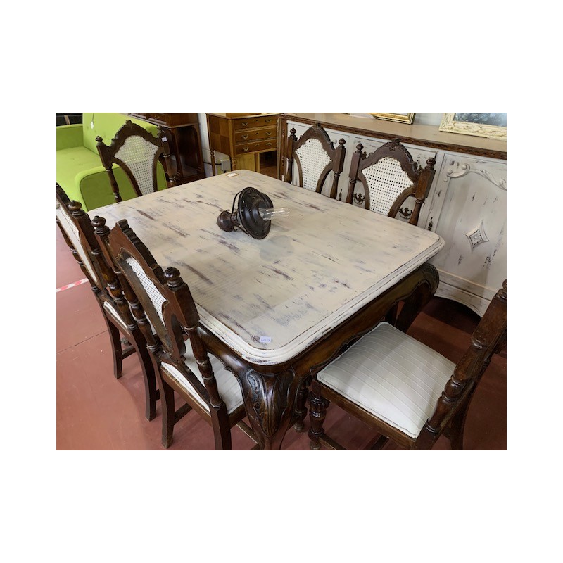 Mesa comedor antigua + 6 sillas decoradas